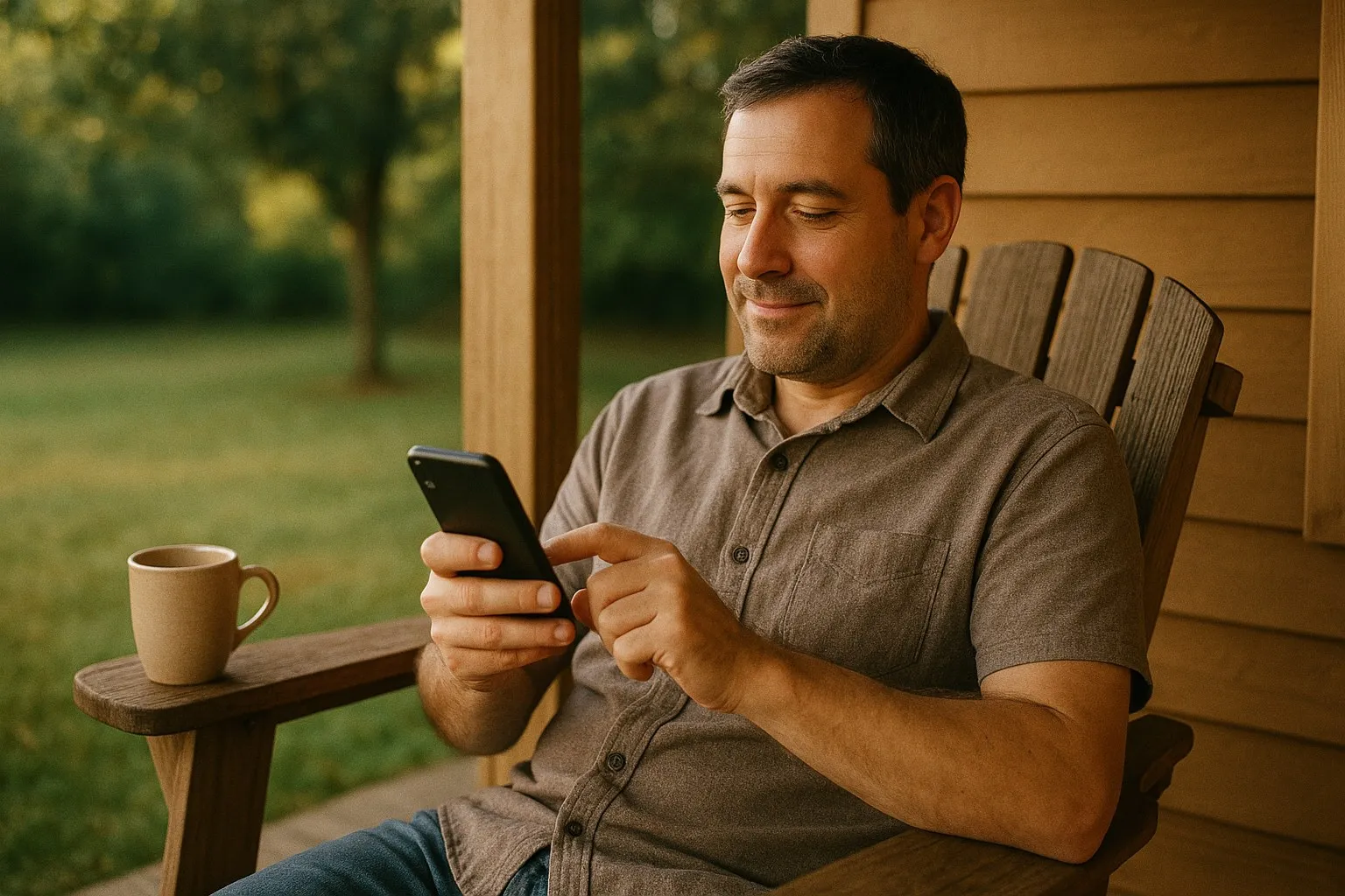 An owner relaxed on a porch with a coffee, working on his phone