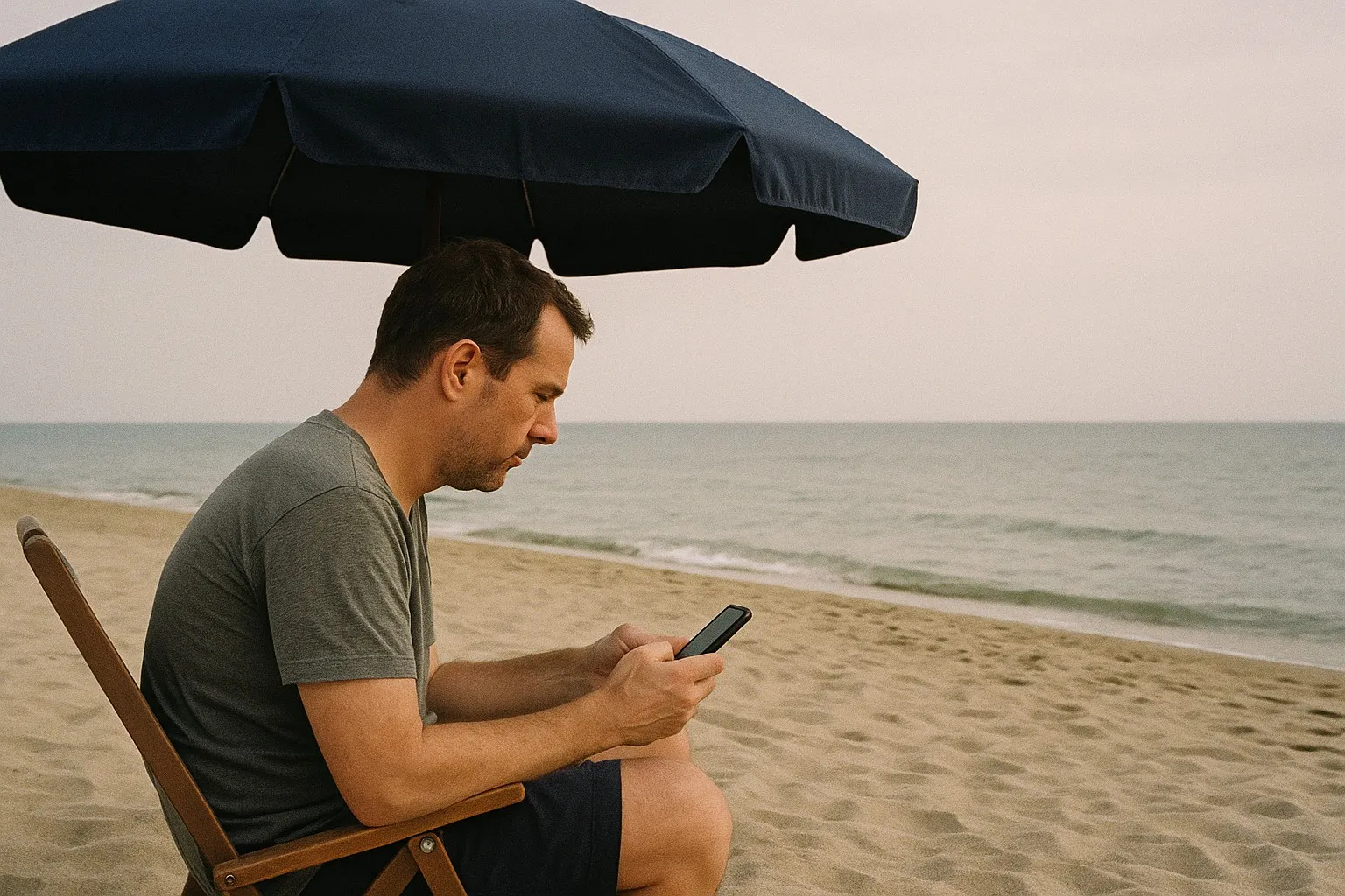 A man sitting in a beach chair under an umbrella, typing on his phone, with the sea behind him