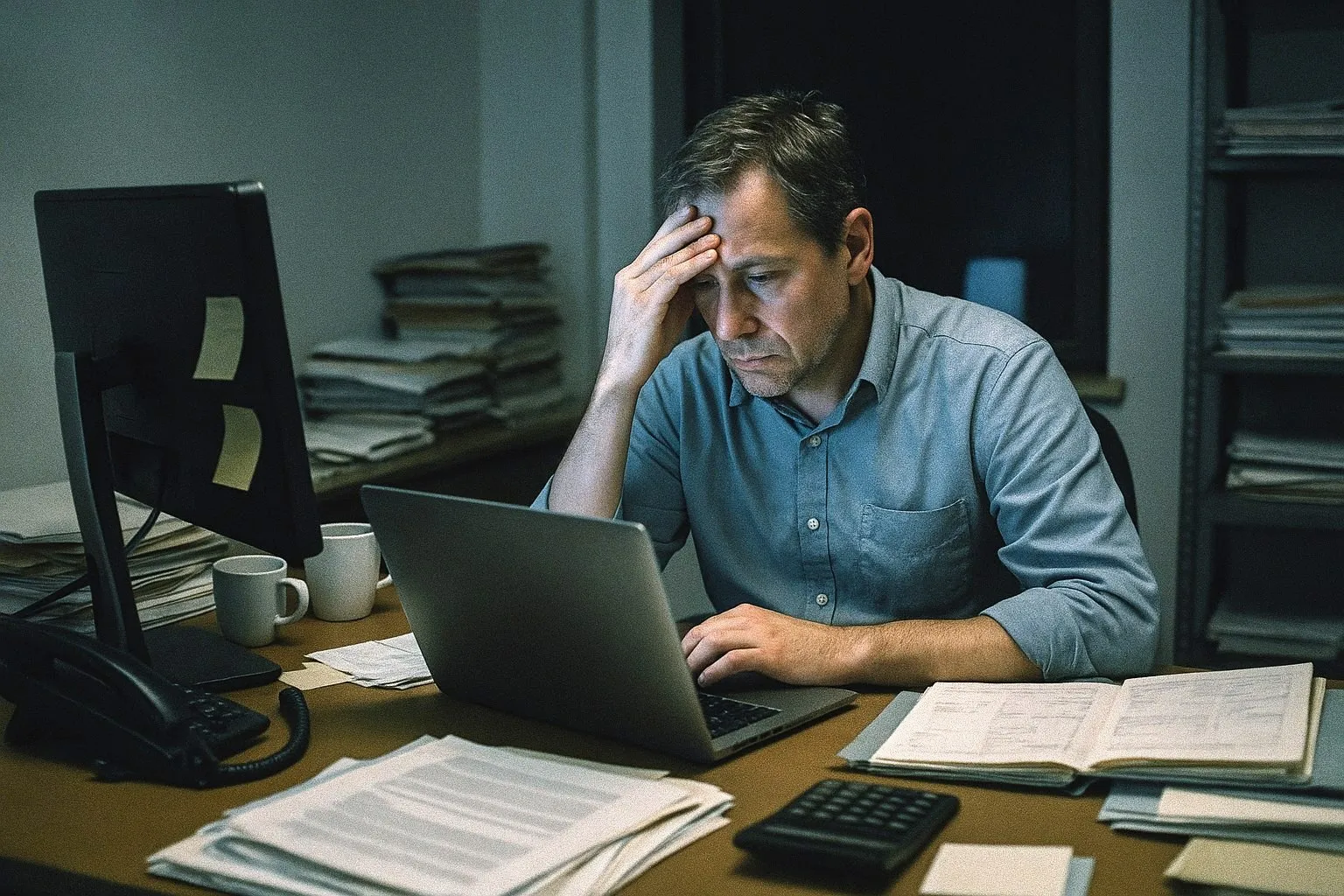 A business owner at a cluttered desk late in the evening