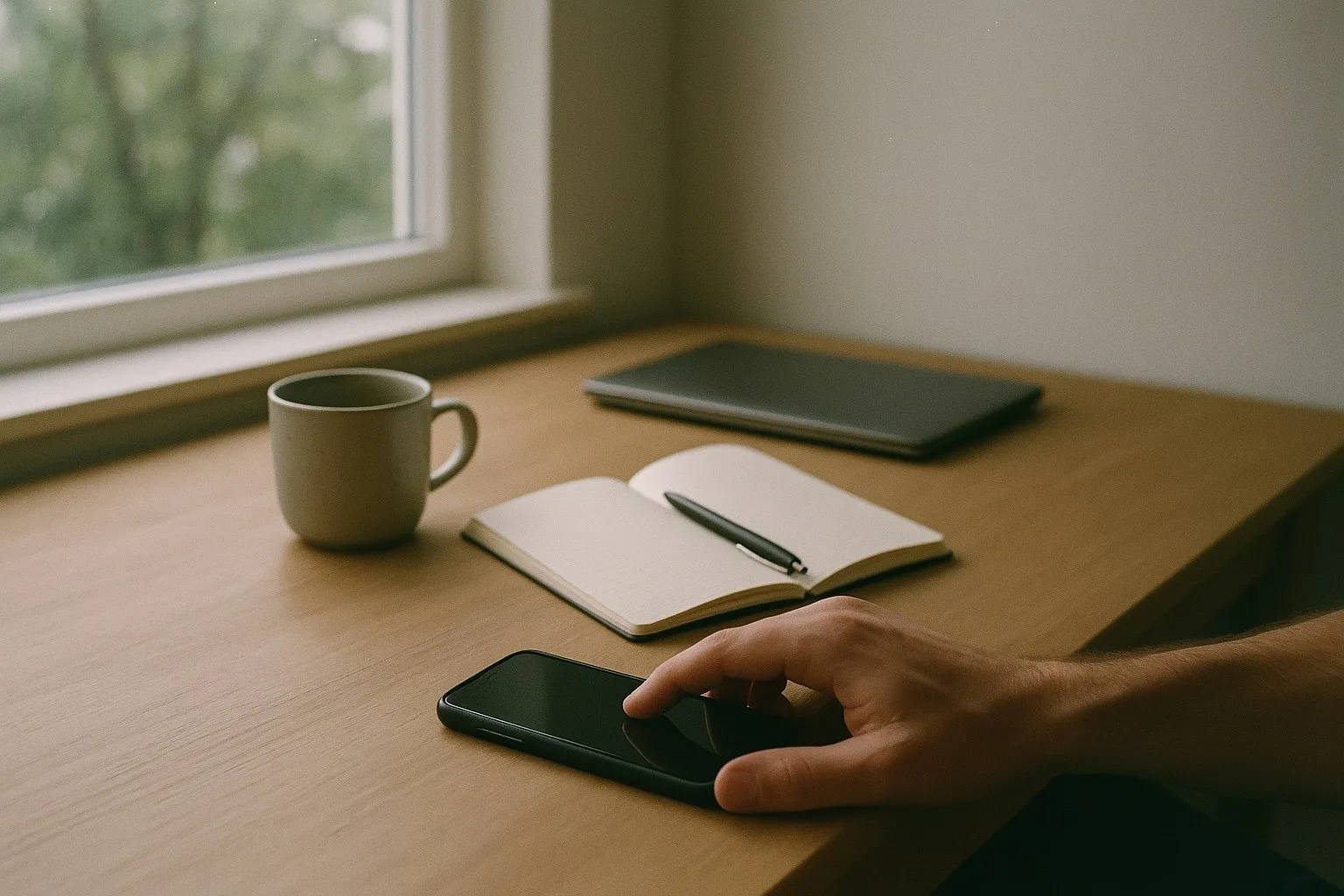 A calm desk by a window: a closed laptop, a coffee, a notebook, and a hand on a phone