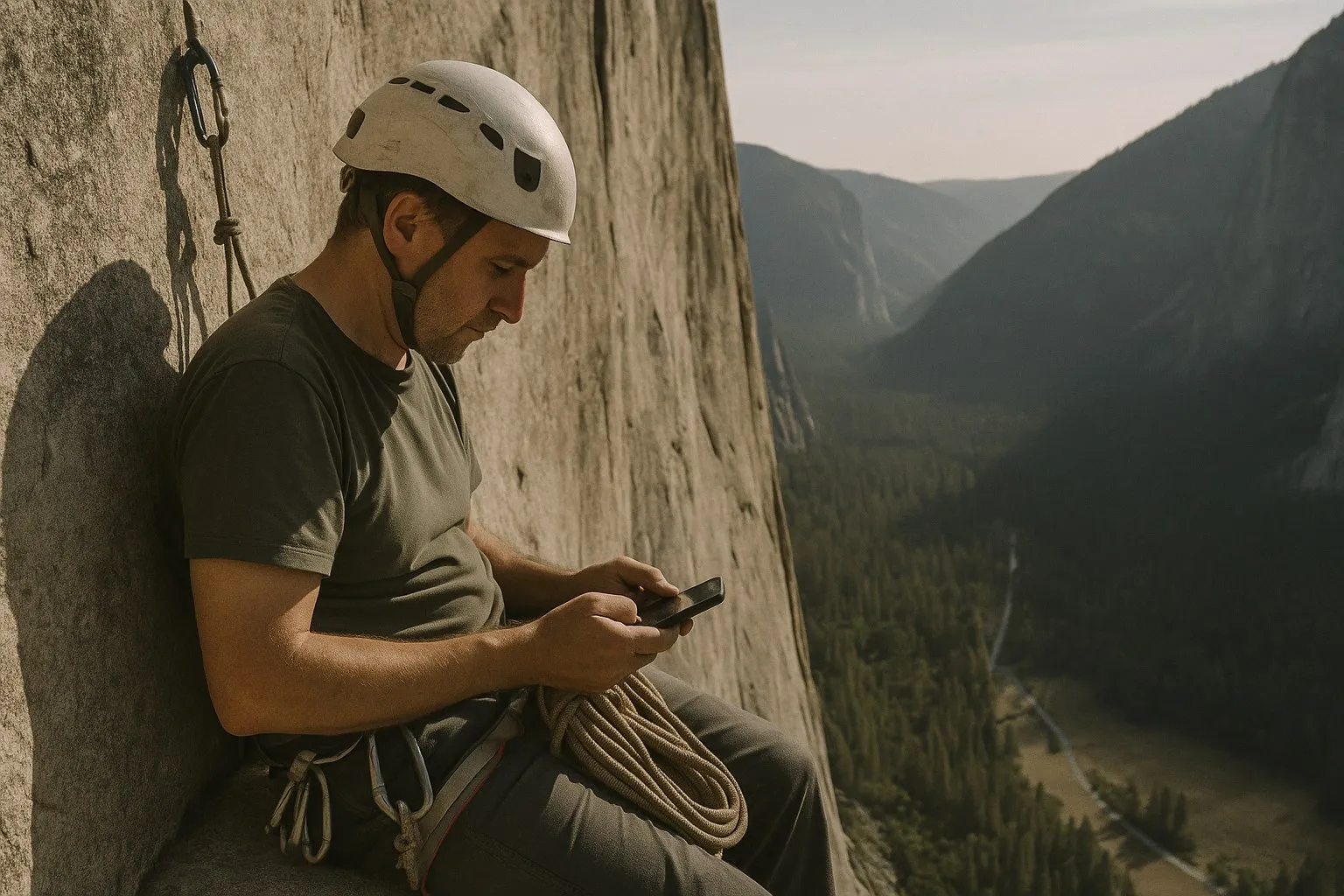 A rock climber resting on a ledge high on a granite wall, typing on his phone, with a valley far below