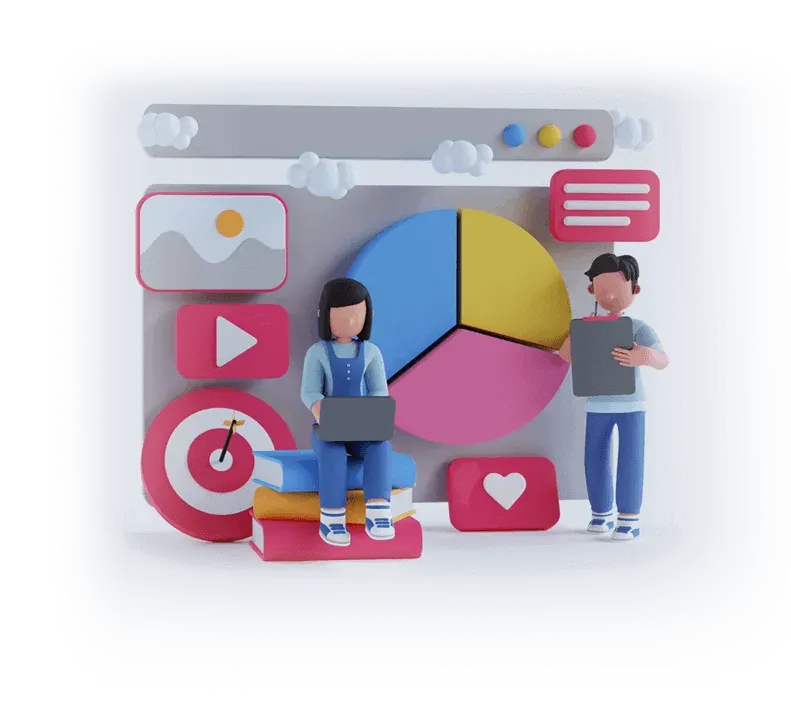 Two people beside an oversized dashboard showing a pie chart, charts, and message bubbles