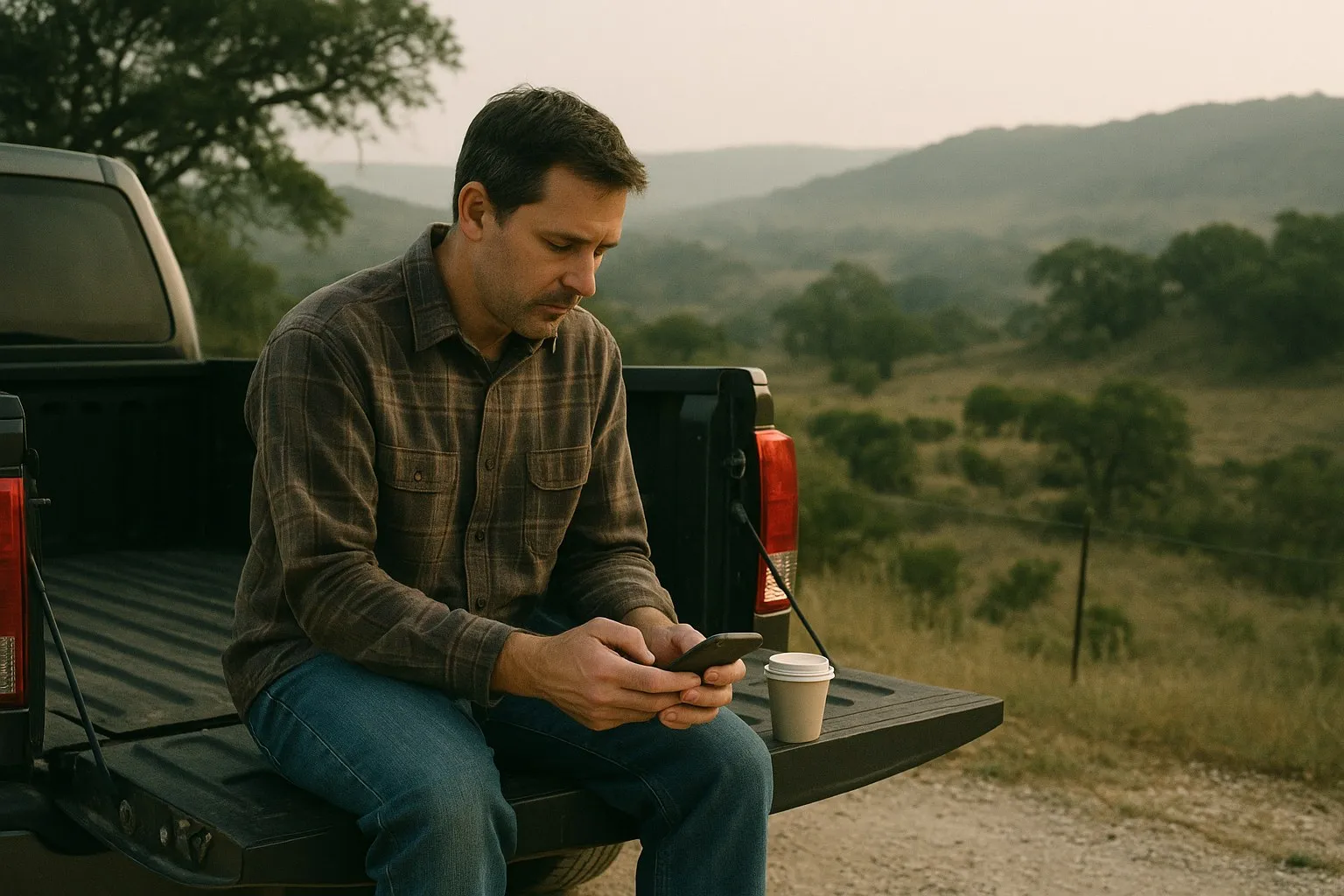 A man sitting on the tailgate of a pickup in the Texas Hill Country, typing on his phone with a coffee beside him