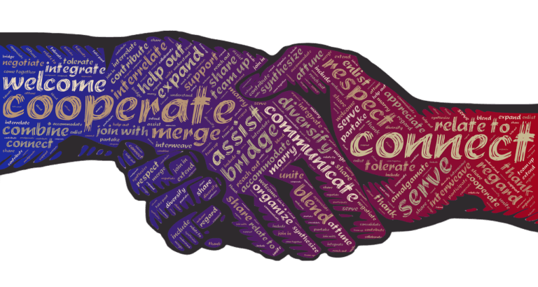 Collaborative word collage on a handshake.